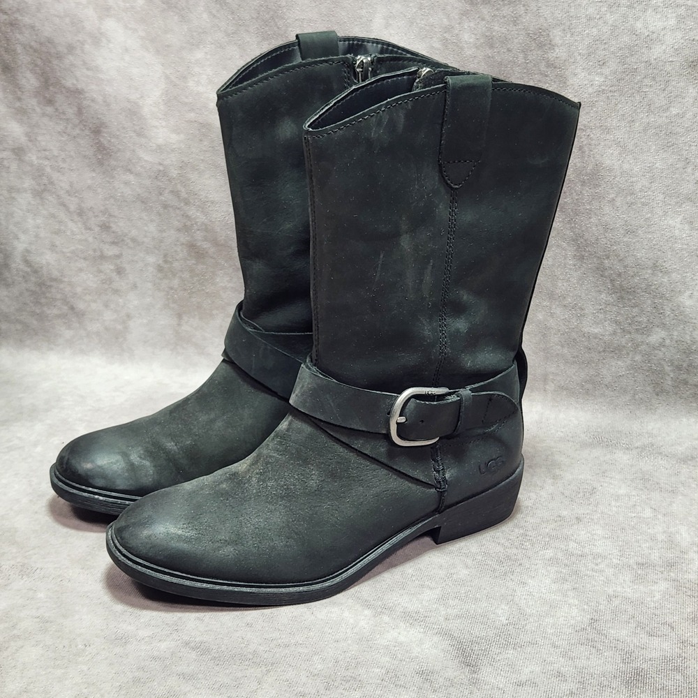 UGG Reeza Black Leather Moto Western Harness Boots Mid Calf 1114256 Size 8.5